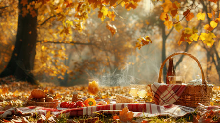 A picnic blanket spread out among fallen leaves in a forest, a wicker basket filled with food and drinks, and golden trees overhead.の素材