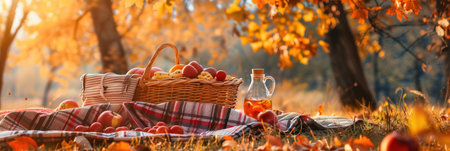A wicker basket filled with apples and other picnic treats rests on a red and white plaid blanket, set against a backdrop of golden autumn trees.の素材