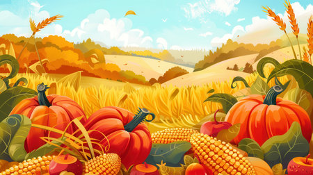 A vibrant autumn scene with a bountiful harvest of pumpkins, corn, and apples nestled in a field of wheat, showcasing a rolling landscape dotted with colorful trees.の素材