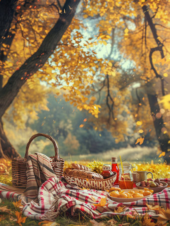 A picnic blanket spread under a tree with golden leaves, featuring a basket of food and drinks, ready for a meal in the autumn foliage.の素材