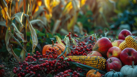 A close-up of a bountiful autumn harvest in a rural field, with corn, pumpkins, and apples nestled among the foliage.の素材