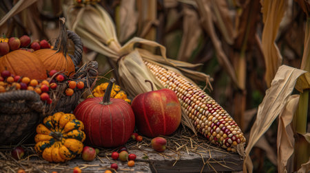 A basket overflowing with pumpkins, apples, and other fall produce sits on a wooden table surrounded by corn stalks.の素材