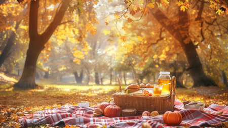 A basket filled with food and drinks sits on a red and white checkered blanket in a forest setting. Golden leaves fall from the trees.の素材