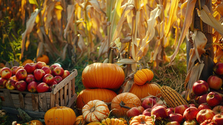 A bountiful autumn harvest of pumpkins, apples, and corn stalks in a field.の素材