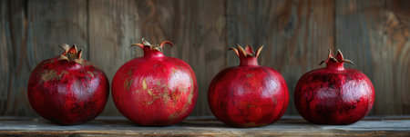 Four ripe pomegranates sit on a rustic wooden surface, with the red fruit and seeds visible.の素材