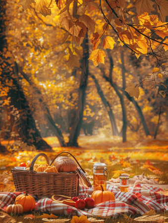 A wicker basket filled with food and drinks sits on a checkered blanket beneath a canopy of golden leaves.の素材