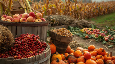 A field filled with harvested pumpkins, apples, and corn, with overflowing wooden barrels and baskets showing the bounty of the season.の素材