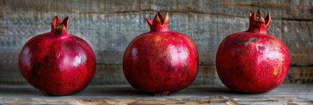 Three ripe pomegranates, still attached to their stems, sit in a row on a rustic wooden surface.の素材