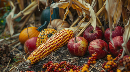 A bountiful autumn harvest of corn, pumpkins, and apples lies scattered on the ground of a field.の素材