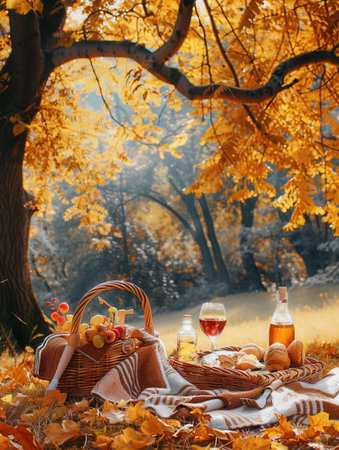 A picnic blanket is spread out on fallen leaves under a tree with golden leaves, a basket of food and drinks, and wine glasses.の素材
