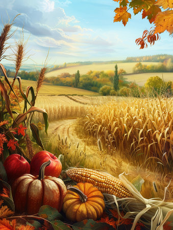 A bountiful harvest of corn, pumpkins, and apples sits in a field, with rolling hills and fall foliage in the background.の素材