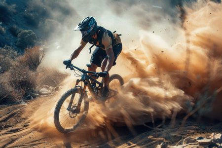 A professional cyclist navigates a dusty trail on an enduro mountain bike, kicking up a cloud of dirt as they ride.の素材