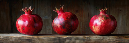 Three ripe pomegranates, arranged in a row, sit on a rustic wooden surface.の素材