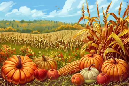 A field of ripe corn stalks, pumpkins, and apples in a rural landscape.の素材
