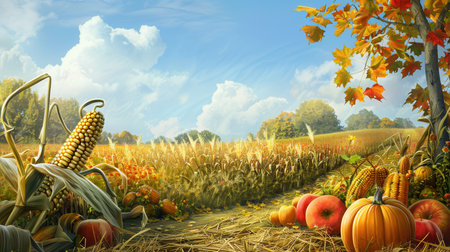 A field of corn stalks, ripe pumpkins, and apples showcase the abundance of an autumn harvest.の素材