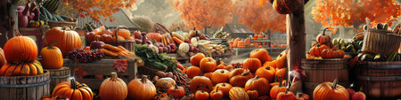 A bustling farmers market with an abundance of pumpkins, autumn vegetables, and fruits.の素材