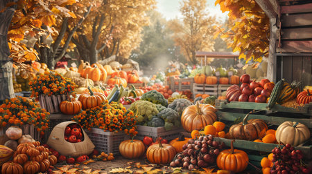 A bustling farmers market overflowing with pumpkins, autumn vegetables, and fruits.の素材