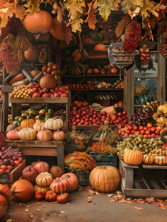 A variety of pumpkins, squash, apples, and other fall vegetables and fruits are displayed at a farmers market.の素材