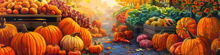 A bustling farmers market overflowing with ripe pumpkins, autumn vegetables, and fresh fruit.の素材