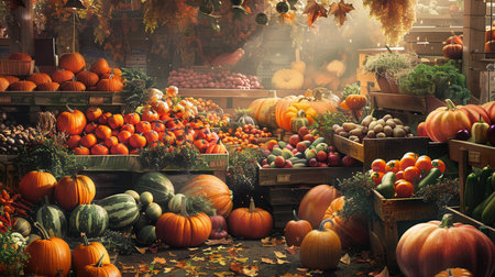 A vibrant display of pumpkins, squash, tomatoes, and other fall produce fill wooden crates at a bustling farmers market.の素材