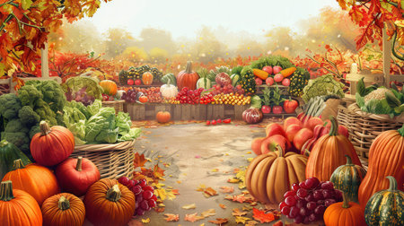 A colorful autumn farmers market with pumpkins, vegetables, and fruits on display.の素材