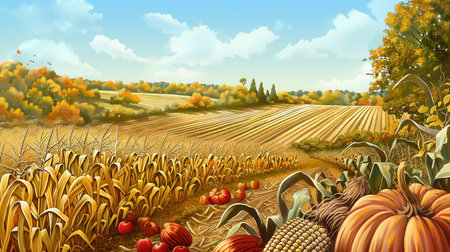 A bountiful harvest of corn, pumpkins, and apples fills a rural field on a bright autumn day.の素材