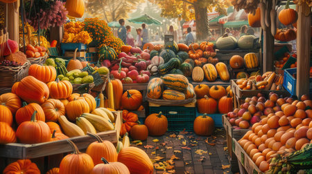 A vibrant farmers market overflowing with autumnal produce, including pumpkins, squash, apples, and other seasonal fruits and vegetables.の素材