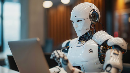 A white humanoid robot is using a laptop computer, sitting at a desk in a modern office space.の素材