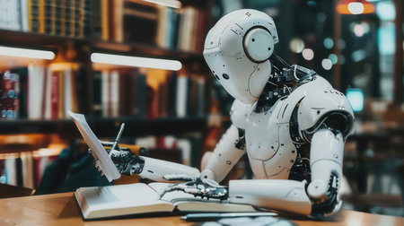 An artificial intelligence robot sits at a table in a library, writing in a notebook.の素材