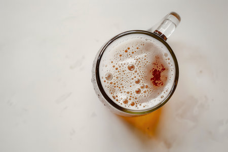A glass mug filled with foamy beer, viewed from directly above. The beer is a light amber color and has a thick head of white foam.の素材