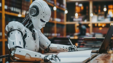 A white robot with articulated arms sits at a desk, holding a pen and writing in a notebook. A laptop is on the desk to the right.の素材