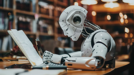 An artificial intelligence robot sits at a desk in a library, typing on a laptop, with a book open in front of it.の素材