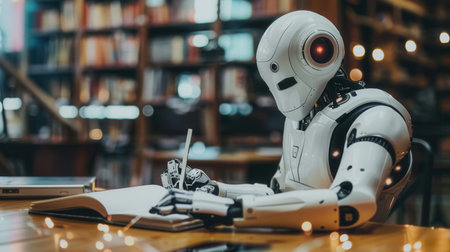A white robot with a red eye sits at a table in a library and writes in a notebook with a pen.の素材