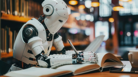 A white robot sits at a table in a library, intently writing in a large, open book.の素材