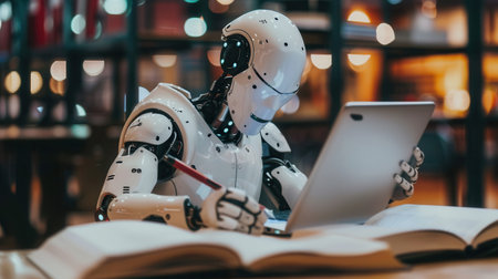 A white humanoid robot sits at a desk in a library, working on a laptop and taking notes with a pencil.の素材