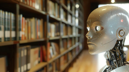 An artificial intelligence writer stands in a library, looking thoughtfully at a row of bookshelves.の素材