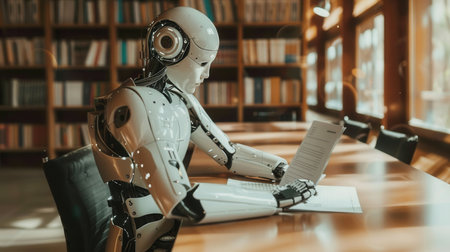 An artificial intelligence robot, sitting at a table in a library, works on a written document.の素材