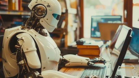 A white robotic arm types on a laptop keyboard, its head turned to the side.の素材