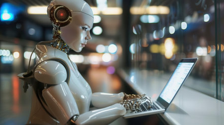 A humanoid robot is sitting at a table, typing on a laptop computer. The robot is white with metallic accents and is wearing a silver necklace.の素材
