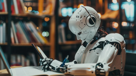 A humanoid robot sits at a desk in a library, writing in a notebook.の素材
