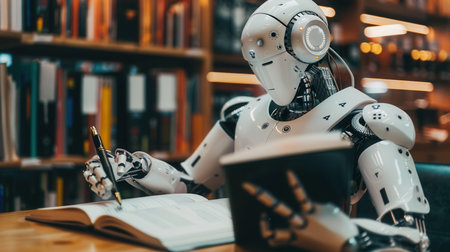 A white humanoid robot sits at a desk in a library, holding a book open and writing with a pen.の素材