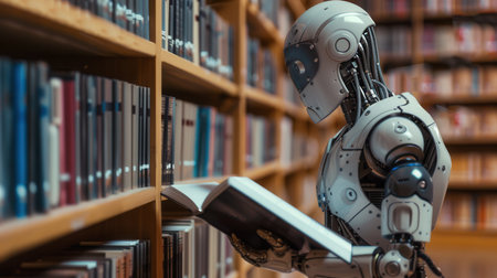 A robotic figure in a library, immersed in a book, surrounded by towering shelves of literature.の素材