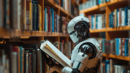 A robotic AI stands in a library, reading a book.の素材