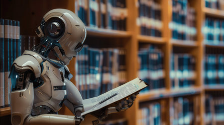 An advanced AI robot reads a document in a library setting.の素材