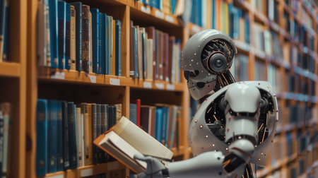 An artificial intelligence stands in a library, holding a book open in its robotic hand.の素材