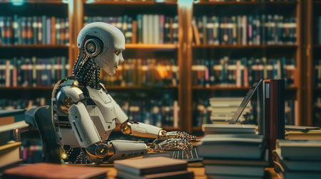 An artificial intelligence sits in a library, working on a laptop with stacks of books nearby.の素材