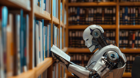 An AI robot is shown reading a book while standing in a library surrounded by bookshelves.の素材