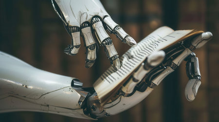 A robotic hand holds open a book, the pages filled with text.の素材