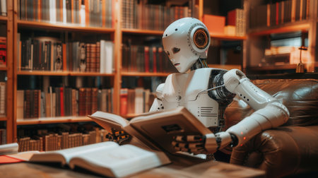 An artificial intelligence robot sits in a library, reading a book while surrounded by bookshelves filled with volumes.の素材