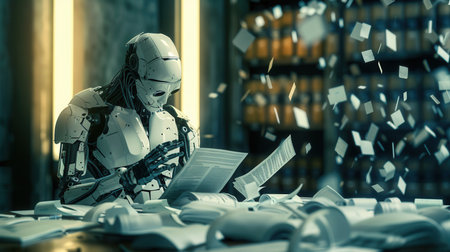 An AI robot sits at a desk covered in papers, reading a document, in a room with shelves of books in the background.の素材